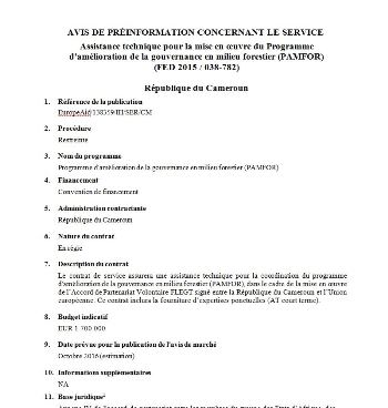GOUVERNANCE : L'UE LANCE UN AVIS DE PRÉINFORMATION CONCERNANT LE SERVICE ASSISTANCE TECHNIQUE POUR LA MISE EN ŒUVRE DU "PAMFOR" GOUVERNANCE : L'UE LANCE UN AVIS DE PRÉINFORMATION CONCERNANT LE SERVICE ASSISTANCE TECHNIQUE POUR LA MISE EN ŒUVRE DU "PAMFOR"