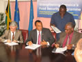 August 2009 : Ambassador Marco Mazzocchi Alemanni, Minister of Agriculture and Fisheries, Dr. Christopher Tufton and UN's Food and Agriculture Organisation Representative in Jamaica Dunstan Campbell sign the financing agreement at the launch of Launch of Strengthening Jamaica's Food Facility Programme.