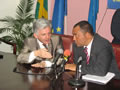April 2010 Ambassador Marco Mazzocchi Alemanni and Minister of Agriculture and Fisheries, Dr. Christopher Tufton examine honey produced and bottled by the Charles Town Young Farmers association. The project is one of several under the agro-tourism projects in the Heritage corridor of the Blue Mountains. The project is funded by the EU as part of efforts to diversify banana dependent parishes.