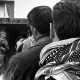 Iraqi police recruits line up to be screened at Camp Defender, an Iraqi Army base linked to the Americans" Camp Ramadi. These recruits will become part of a new quick reaction police team called the Emergency Response Unit.