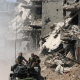 Nahr el Bared, 28 September 2007. Lebanese soldiers patrol in an armoured vehicle around the devastated Palestinian refugee camp after the bombings have ceased.