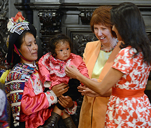 Catherine Ashton joined First Lady Nadine Heredia at an event in Lima and praised Peru's work to reduce inequality and tackle child malnutrition