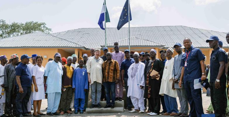 Local stakeholders together with the Hon. Minister of Local Government, Tamba Lamina and the EU Ambassador pose for the camera at the multipurpsoe hall