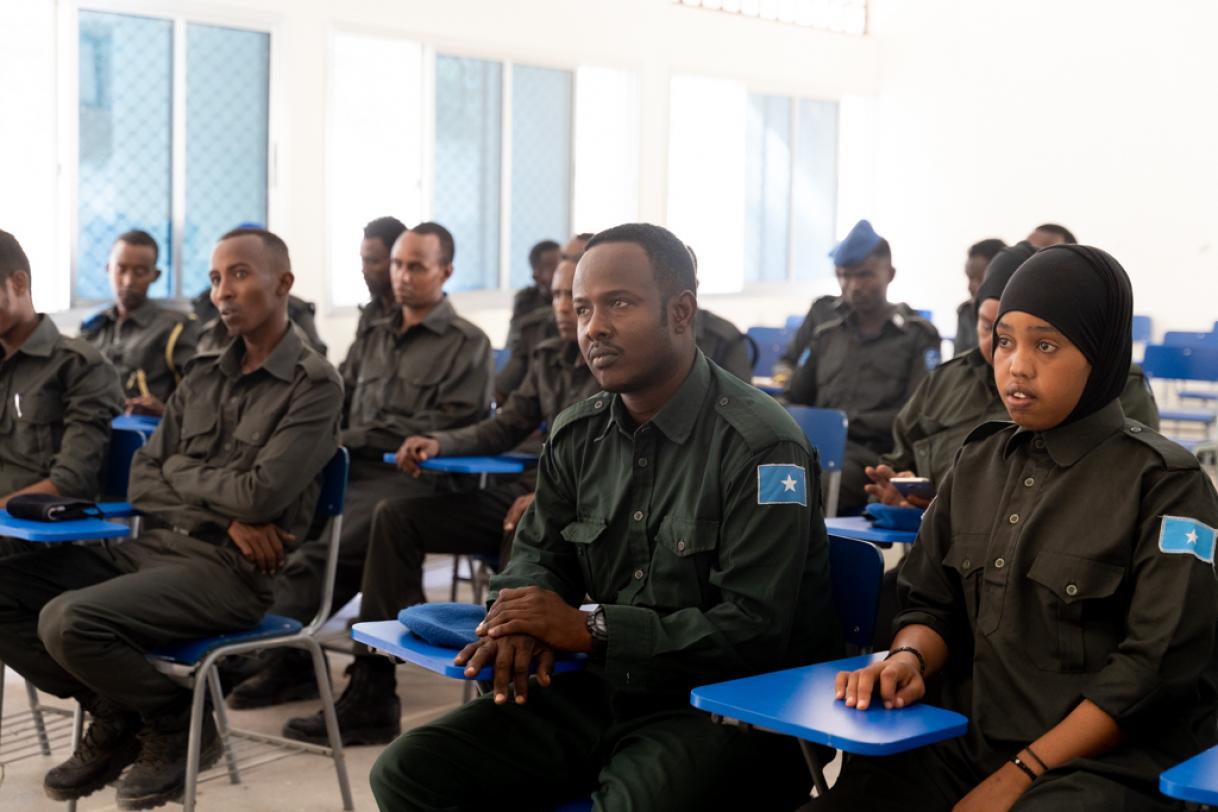 Darwish, Special Police Trainees pay attention during a training session in General Kaahiye Police Academy in Mogadishu