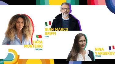 EU Authors Dialogue card - pictures of 4 EU authors with FIL Guadalajara 2023 layout