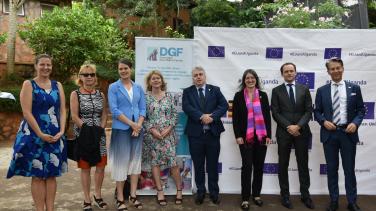 Democratic Governance Facility Board members pose for a photo at the EU residence May 30.2023
