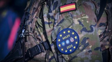 Close up of Spanish soldier's sleeve with Milex mission patch.