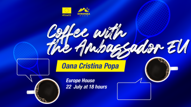 Visual for Coffe with the Ambassador of the EU, showing the name of the event date and time