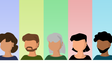 Ilustration showing five people behing them are different coloured stripes