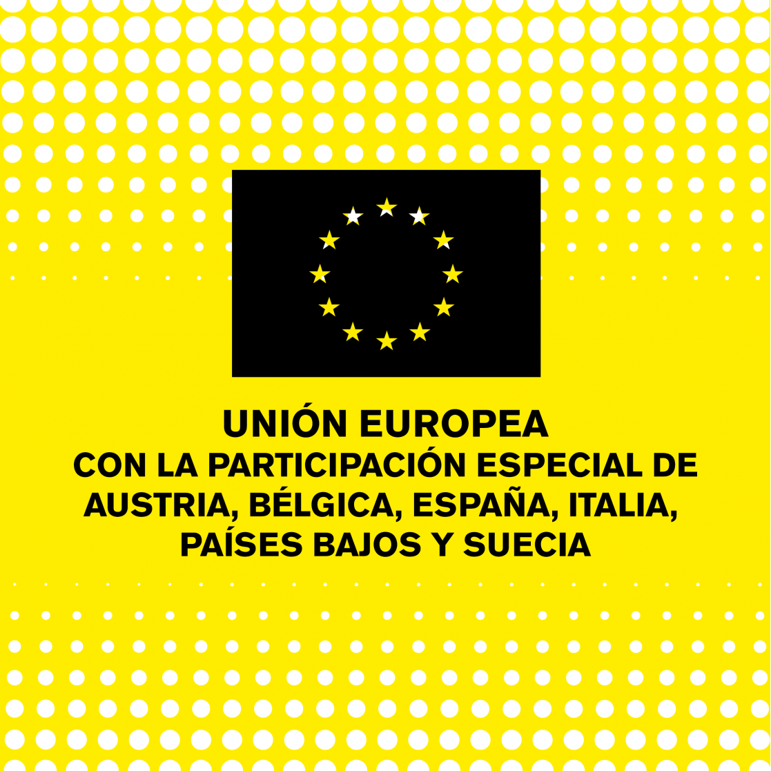 Yellow banner with the text "Unión Europea con la participación especial de Austria, Belgica, España, Italia, Países Bajos y Suecia"