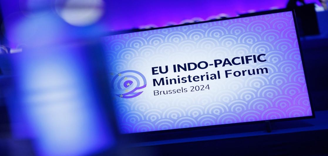 Banner with text reading : EU Indo-Pacific Ministerial Forum Brussels 2024