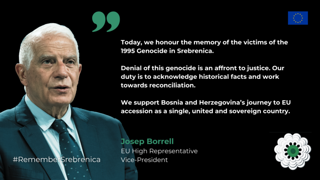 A pictoquote with a line from the HRVP about Srebrenica.