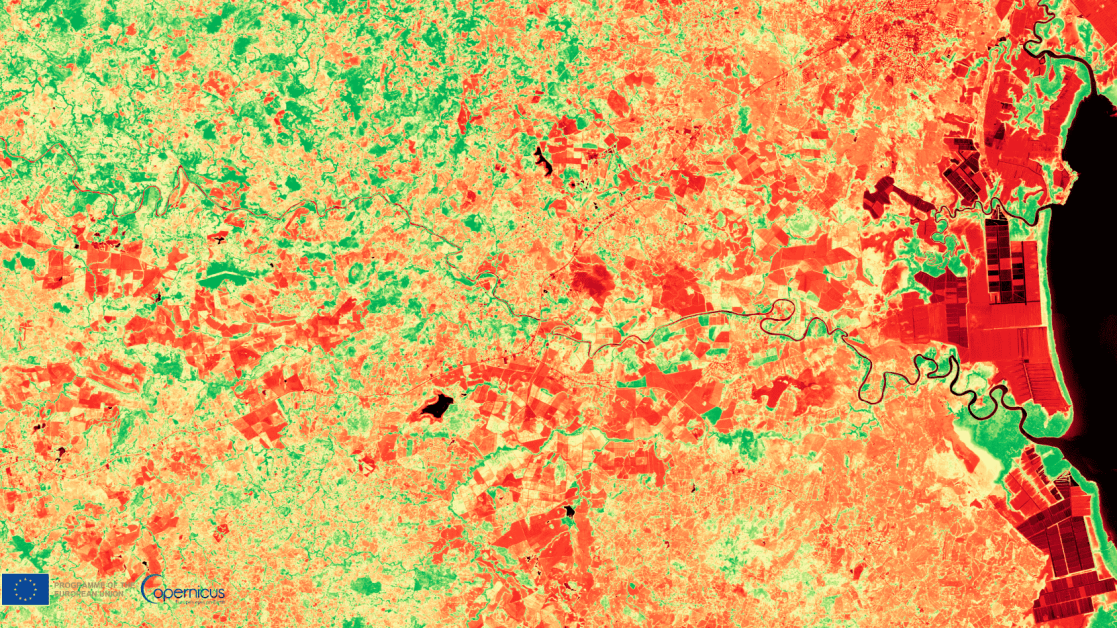 Image taken by satellite showing temperature map of region. 