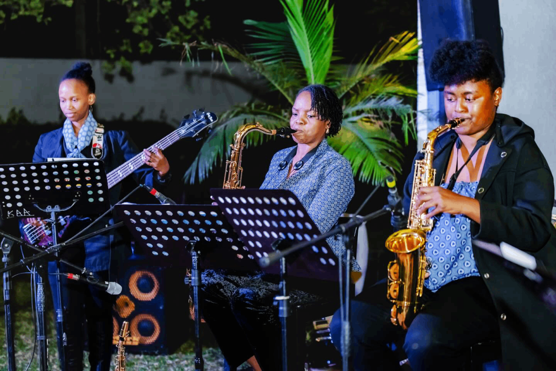 Three jazz musicians playing at reception in ambassador's residence.