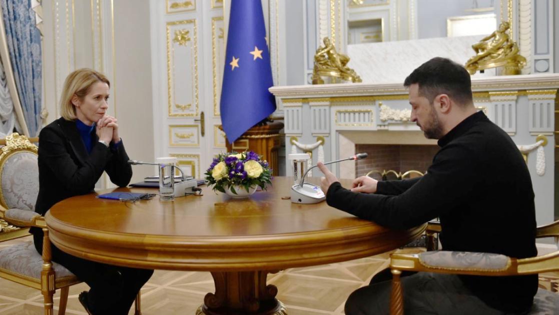 A woman in a man in a grand state room with the EU flag in the background.