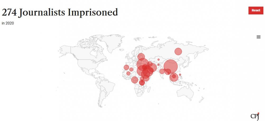 Infographic showing the areas with the most imprisoned journalists