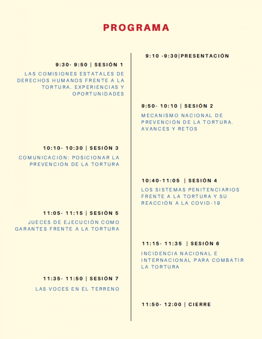 Schedule of a programme in spanish
