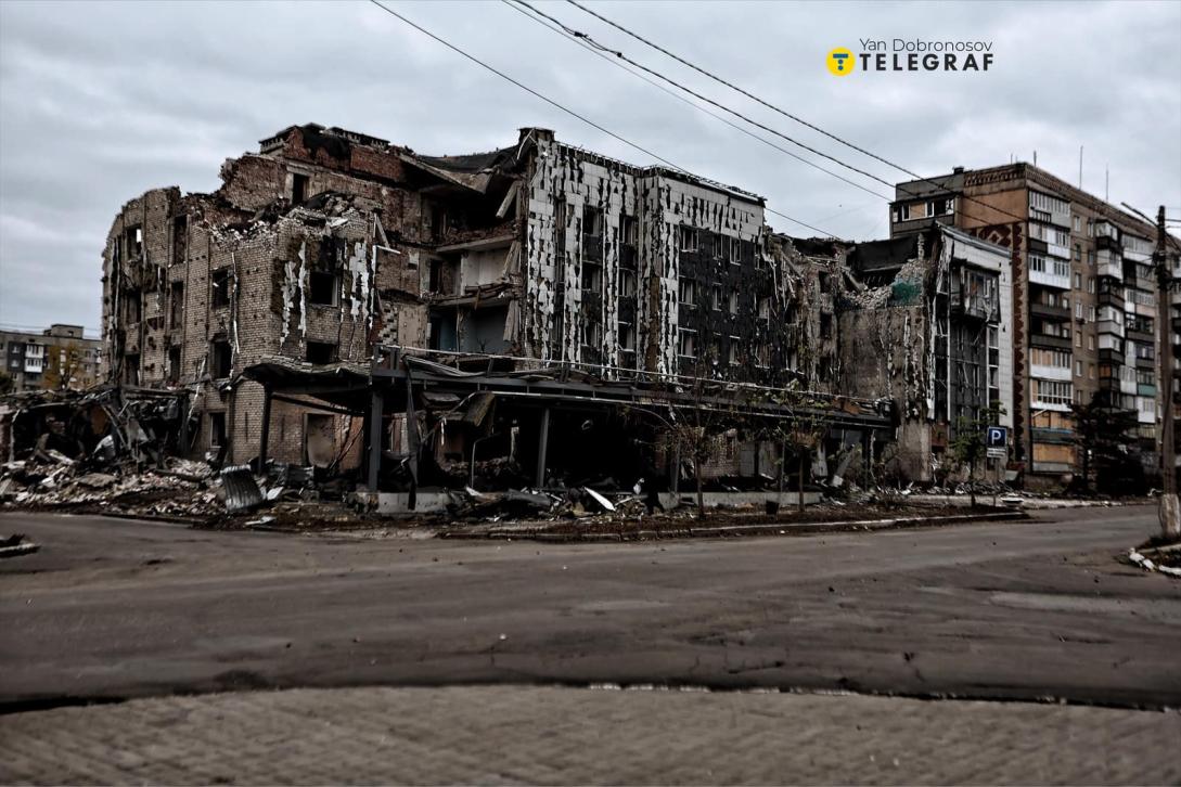A ruined building in Pokrovsk, Ukraine