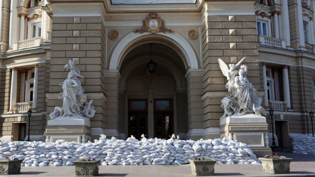 Sandbags protect Odessa opera house, Ukraine