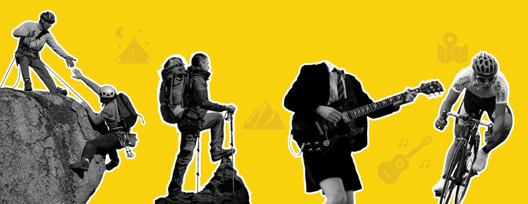Visual showing three hikers on the left, and headless guitar player and a cyclist