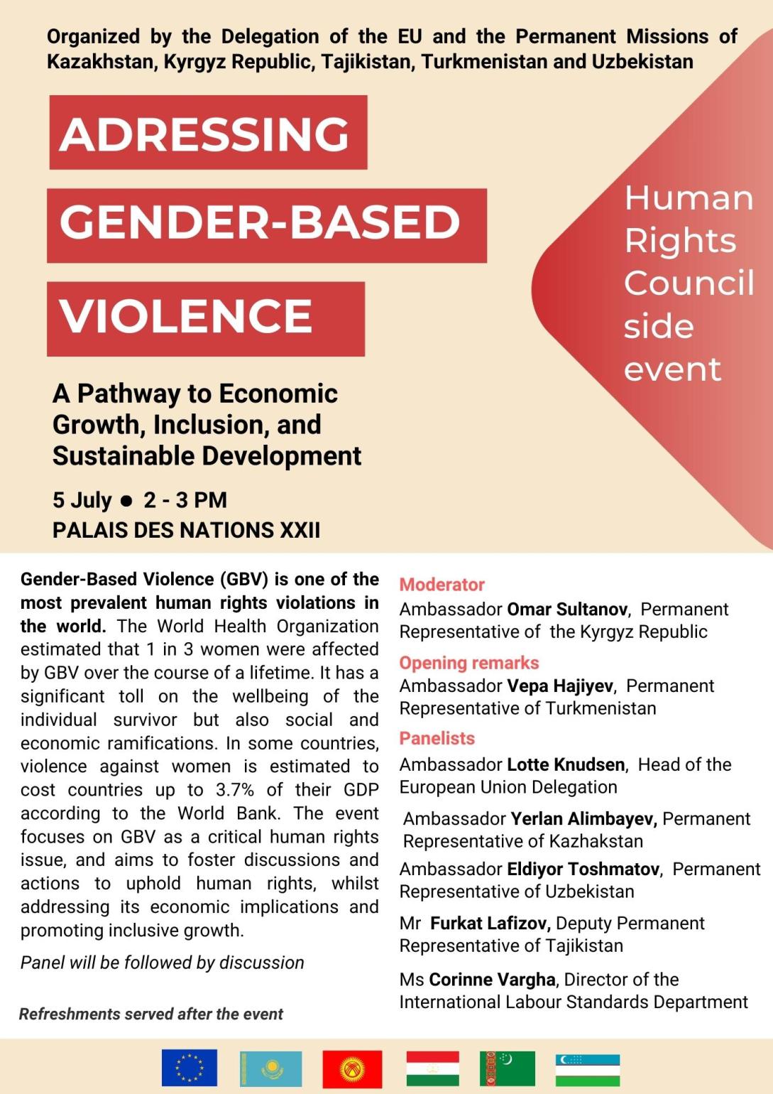 Flyer of the side event 'Addressing Gender-Based Violence'.