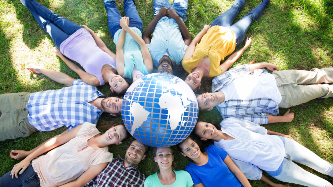 Concept of 10 young people gathered around a globe. 