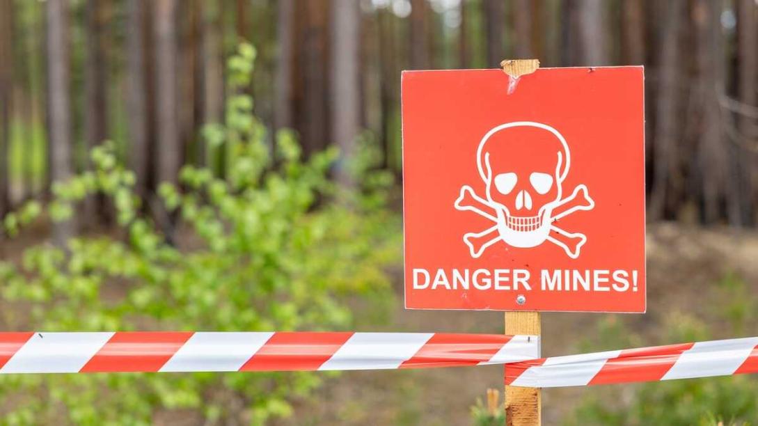 Warning sign for minefield danger.
