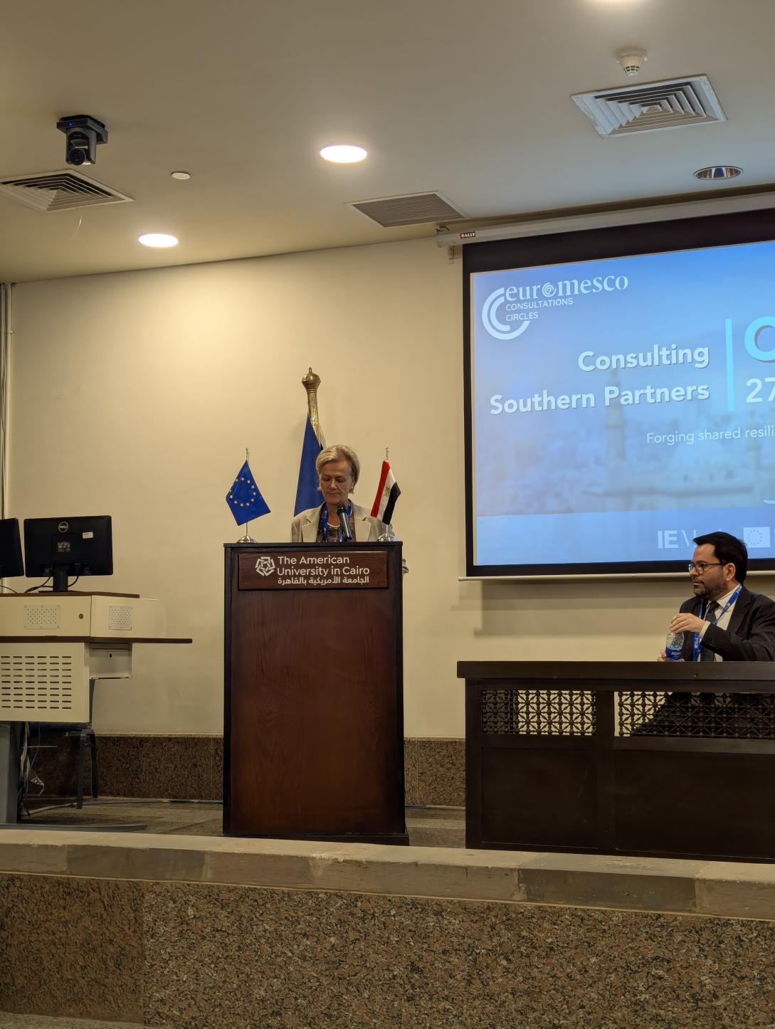 Amb Eichhorst at a podium in front of a screen