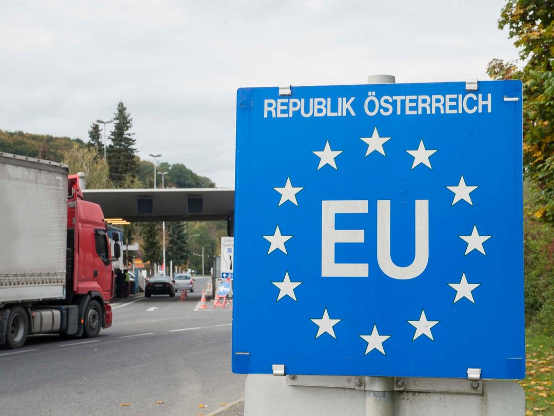 A truck approaches an EU border inspection post.