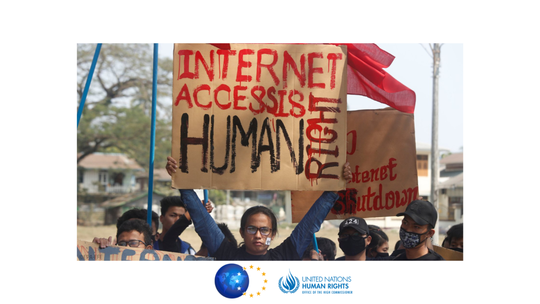 People holding a sign against Internet shutdowns