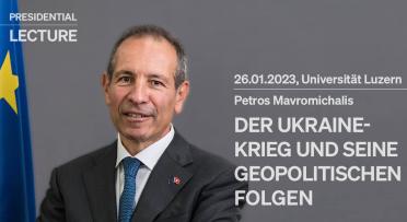 Flyer von der Öffentlichen Vortrag von Botschafter Petros Mavromichalis am 26.01 an der Universität Luzern