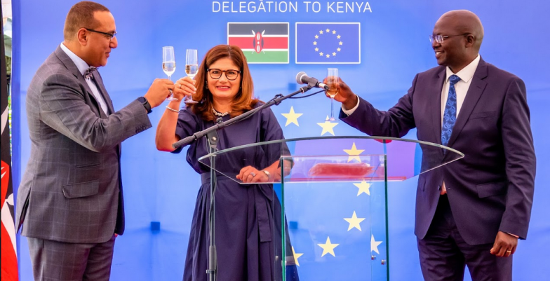A toast to the EU! Kenya's Cabinet Secretary for Tourism Hon Najib Balala (L) and Cabinet Secretary for Labour Hon Simon Chelugui (R) join Ambassador Henriette Geiger in a toast on Europe Day.  Labour 