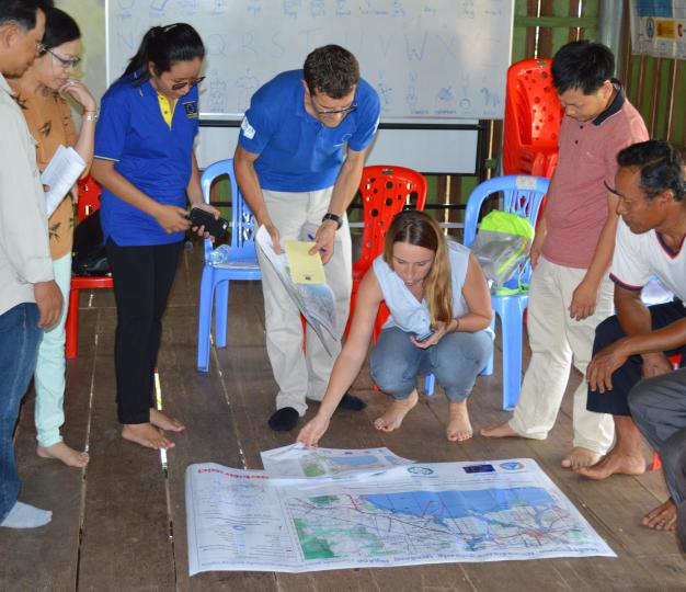 Members of the Trapang Sangke Community Fisheries presented EU officials a map of the fishing area the community manages and protect, along the coast of Kampot province.  October, 2019.